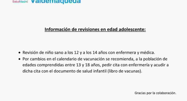 Consultorio local Valdemaqueda: información de revisiones en edad adolescente